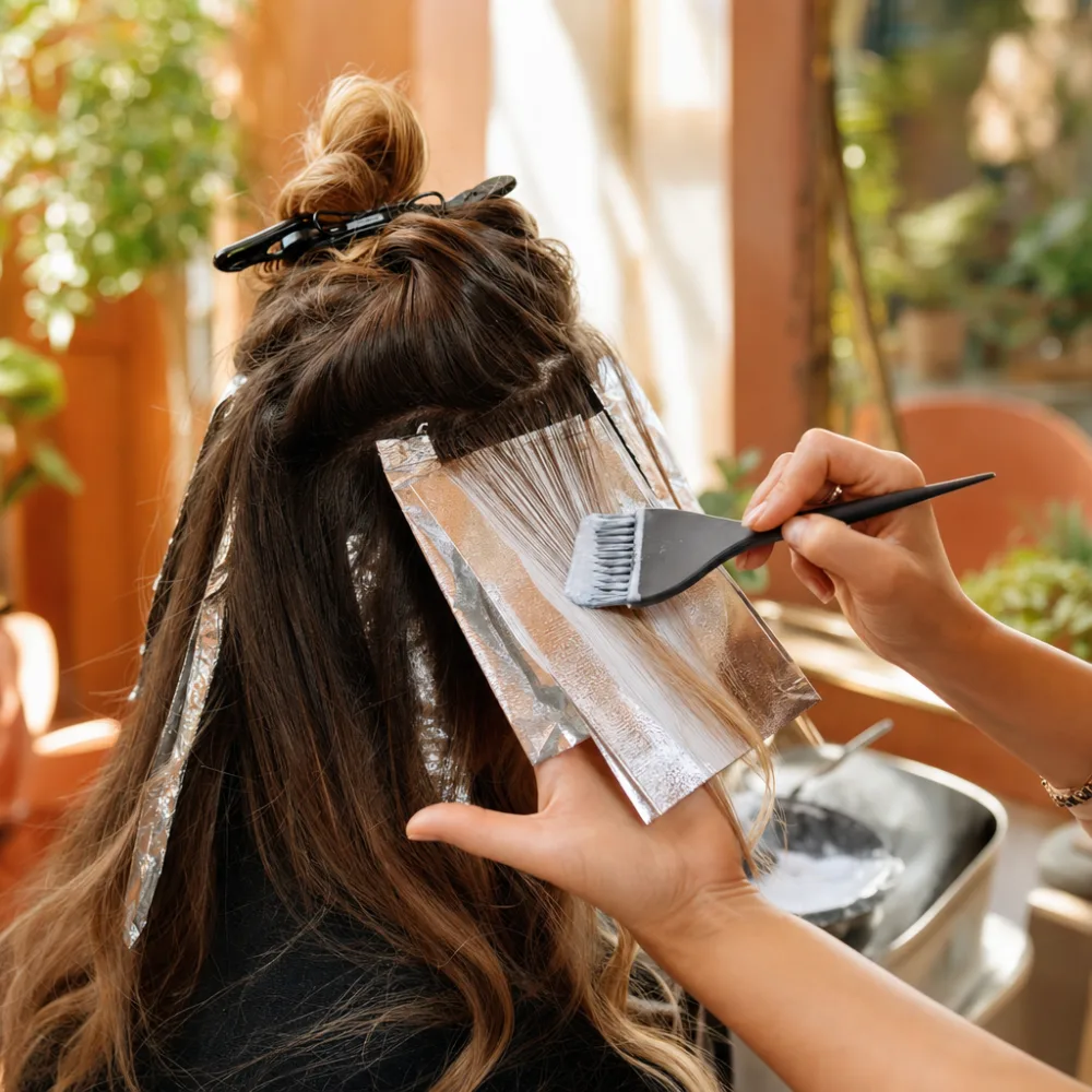 Fresh dimensional hair color being applied at Marigold & Main Salon
