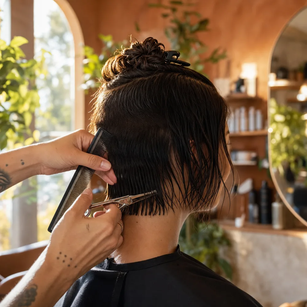 Stylist shaping a layered haircut in warm daylight at Marigold & Main Salon
