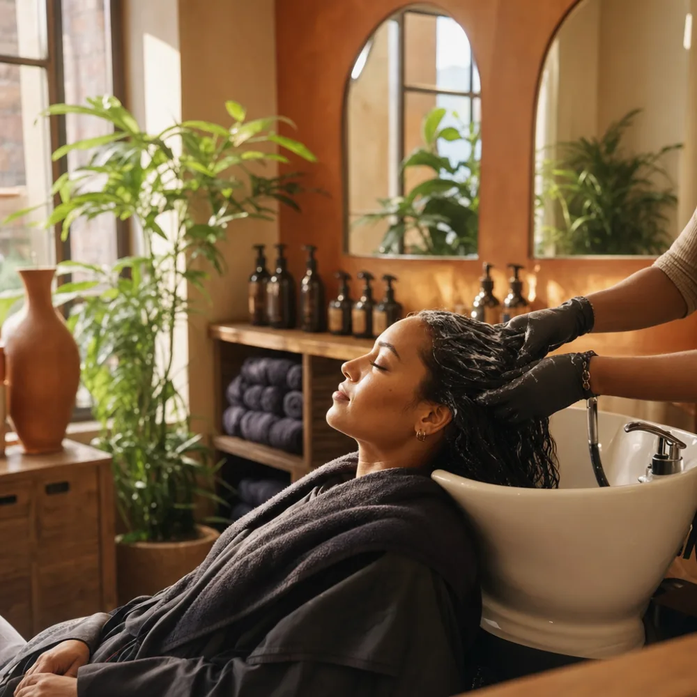 Deep conditioning treatment being worked through long hair at Marigold & Main Salon